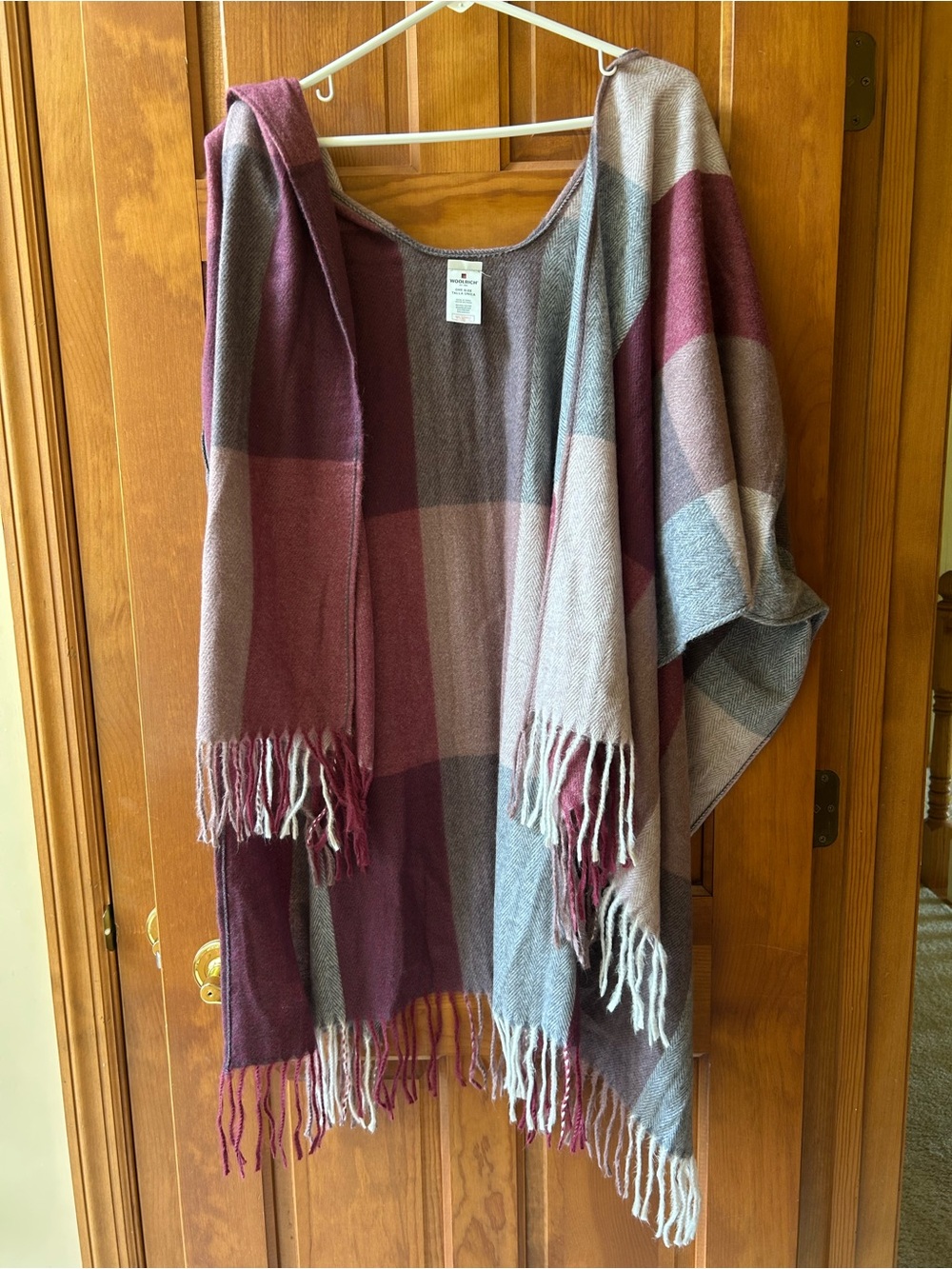 Woolrich Plaid Fringe Shawl in Burgundy and Gray